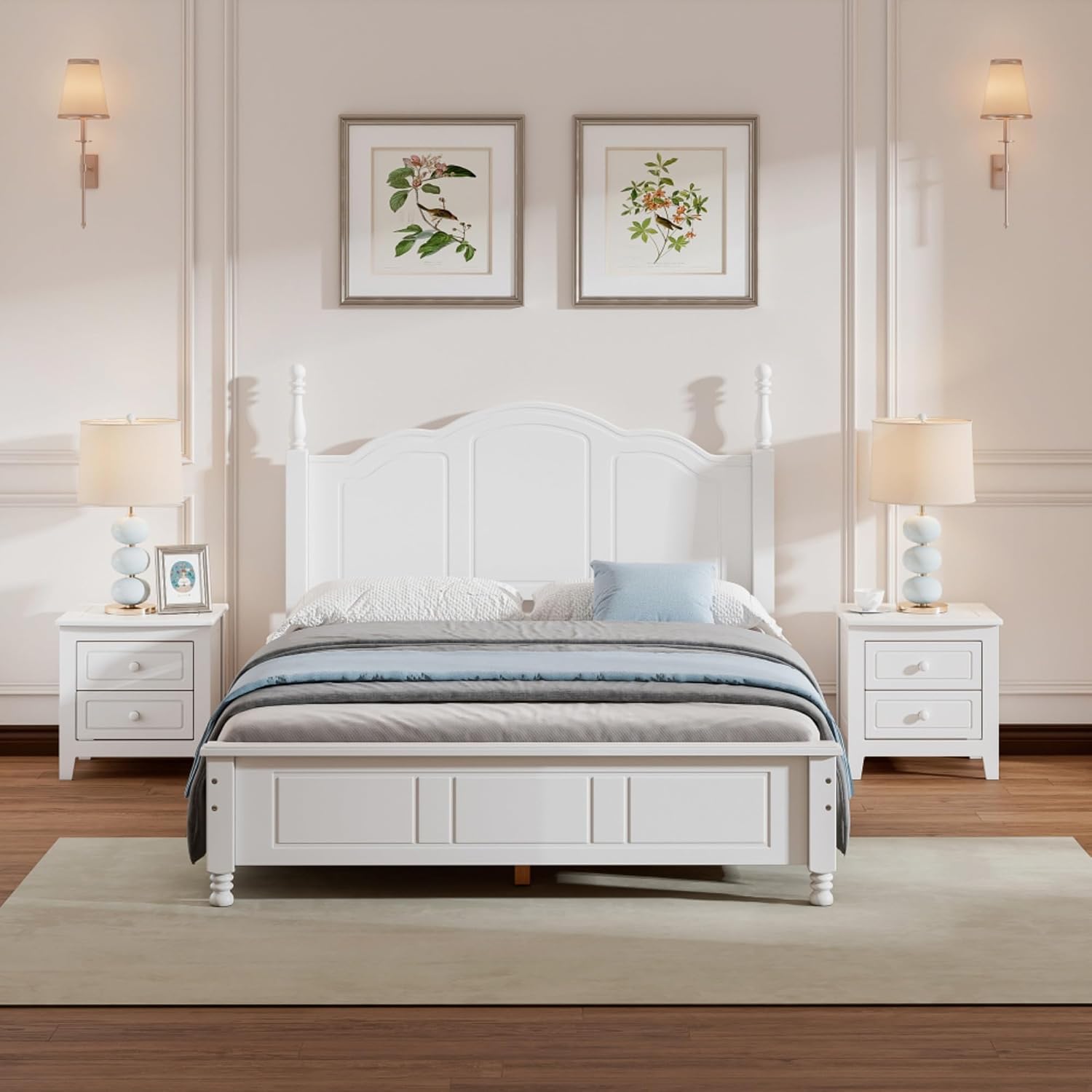 Rustic Farmhouse Bedroom Set with Elegant Curved Headboard, Sturdy Wooden Bed Frame and 2 Nightstands - Classic Country Style Furniture for Master Bedroom,Guest Room (White,Full Bed+2 Nightstands)