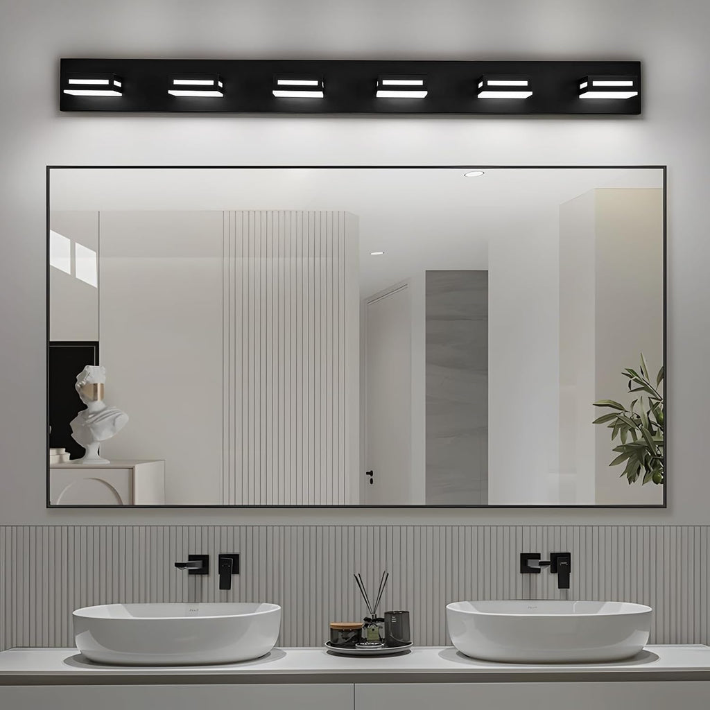 LED Modern Bathroom Light Fixtures, 6-Light 48-Inch Matte Black Vanity Lights for Bathroom Lighting Fixtures Over Mirror, 6000K Cool White 350° Rotatable Wall Lamp
