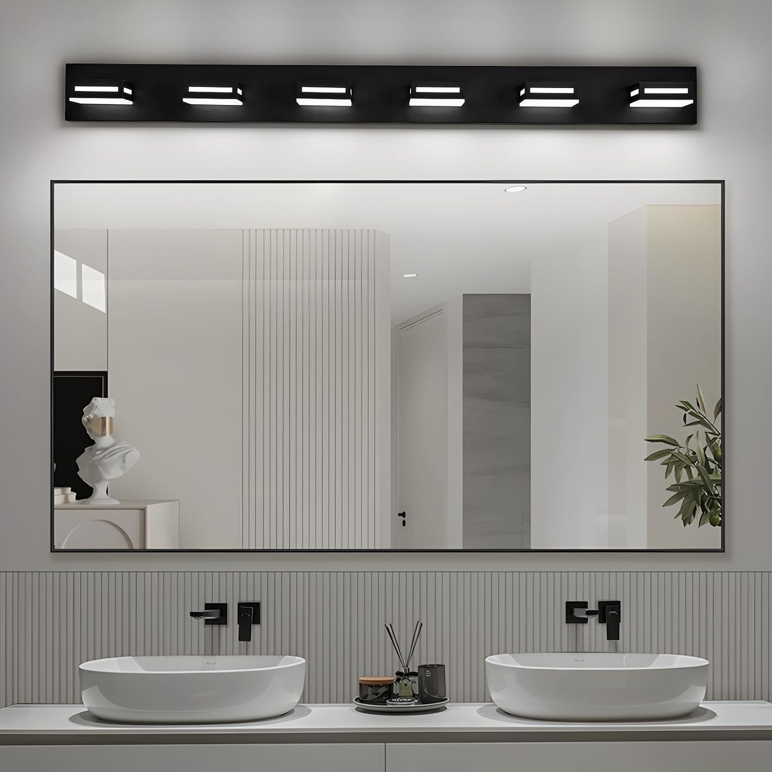 LED Modern Bathroom Light Fixtures, 6-Light 48-Inch Matte Black Vanity Lights for Bathroom Lighting Fixtures Over Mirror, 6000K Cool White 350° Rotatable Wall Lamp
