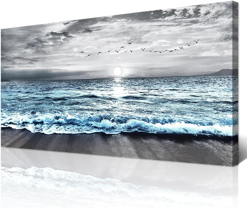 Wapluam Large Wall Decor For Living Room Canvas Wall Art For Bedroom Office Wall Decorations Black And White Painting Blue Sea Wave Pictures Artwork For Modern Stretched and Framed Beach Posters