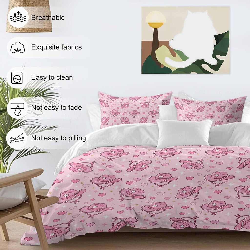 Pink Heart Cowboy Hat Duvet Cover Set Queen Size 4 Pieces Modern Minimalist Sparkling Love Star Bedding Set with Zipper Closure, 1 Comforter Cover 86x86 Inches 1 Flat Sheet & 2 Pillow Cases