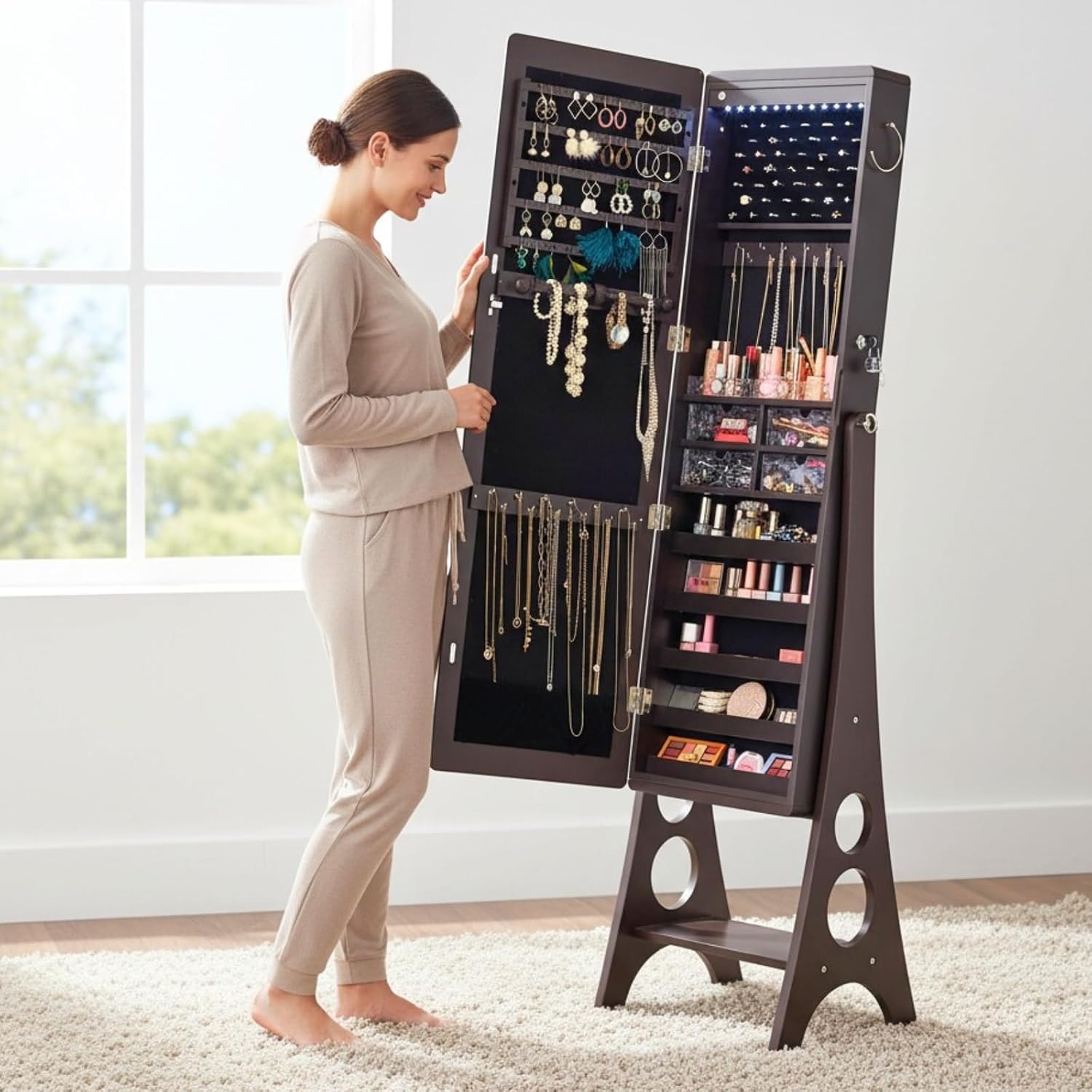 BTEXPERT Mirror Jewelry Cabinet Standing, Large Storage Jewelry Armoire, Full-Length Frameless Mirror with Jewelry Storage, 12 LED Lockable Standing Jewelry Organizer Brown