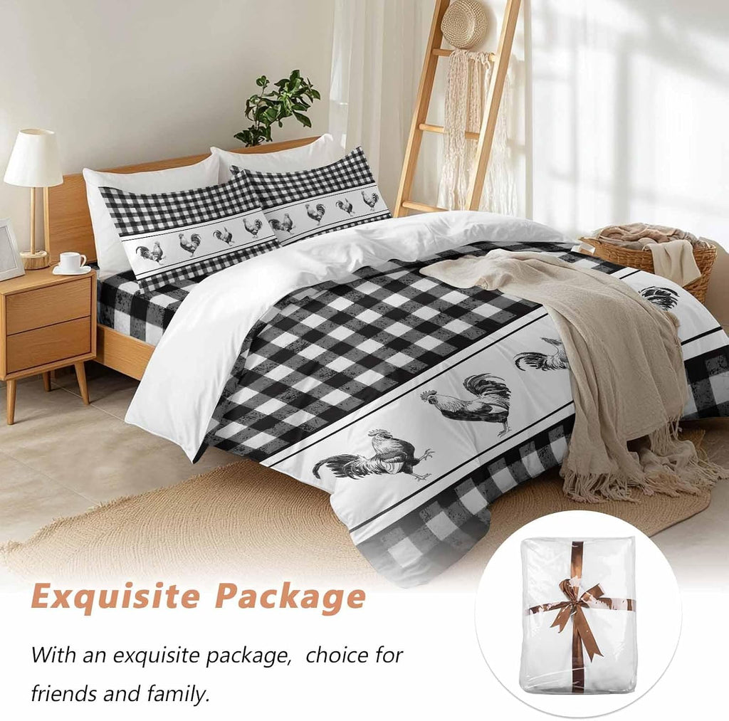 Prime Leader Vintage Black Plaid Duvet Cover Set Queen Size 4 Pieces Farm Cock Chicken Animal Watercolor Bedding Set with Zipper Closure, 1 Comforter Cover 92x106 Inches 1 Flat Sheet & 2 Pillow Cases