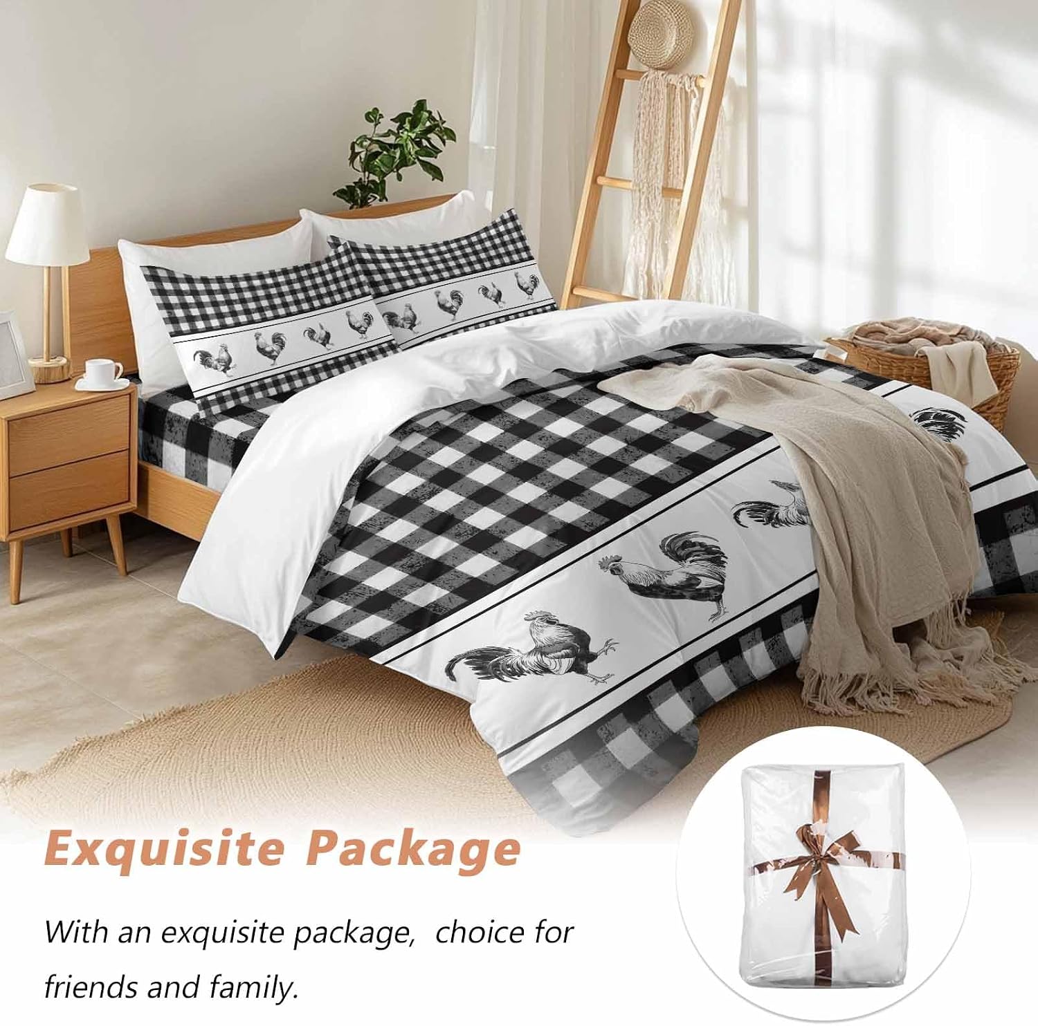Prime Leader Vintage Black Plaid Duvet Cover Set Queen Size 4 Pieces Farm Cock Chicken Animal Watercolor Bedding Set with Zipper Closure, 1 Comforter Cover 92x106 Inches 1 Flat Sheet & 2 Pillow Cases