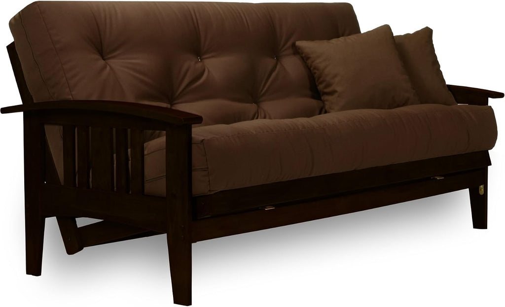 Westfield Complete Futon Set - Espresso Finish (Warm Black) – Large Queen Size, Mission Style Wood Futon Frame with Mattress Included (Pet Friendly Microfiber Fudge), More Mattress Colors Available