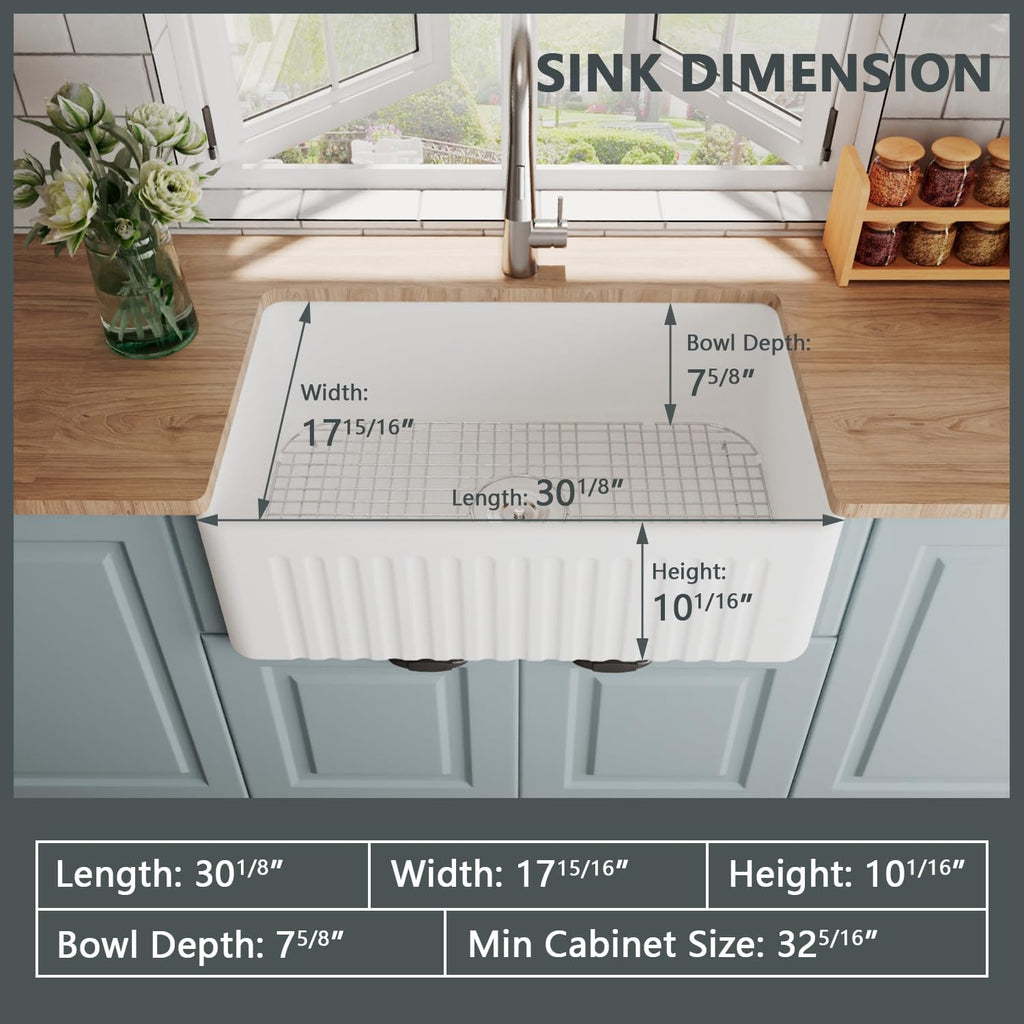 DeerValley Farmhouse Sink 30'x18' 10 inch Deep White Kitchen Sinks Fireclay Single Bowl Apron Front Lavabos de Cocina with Accessories