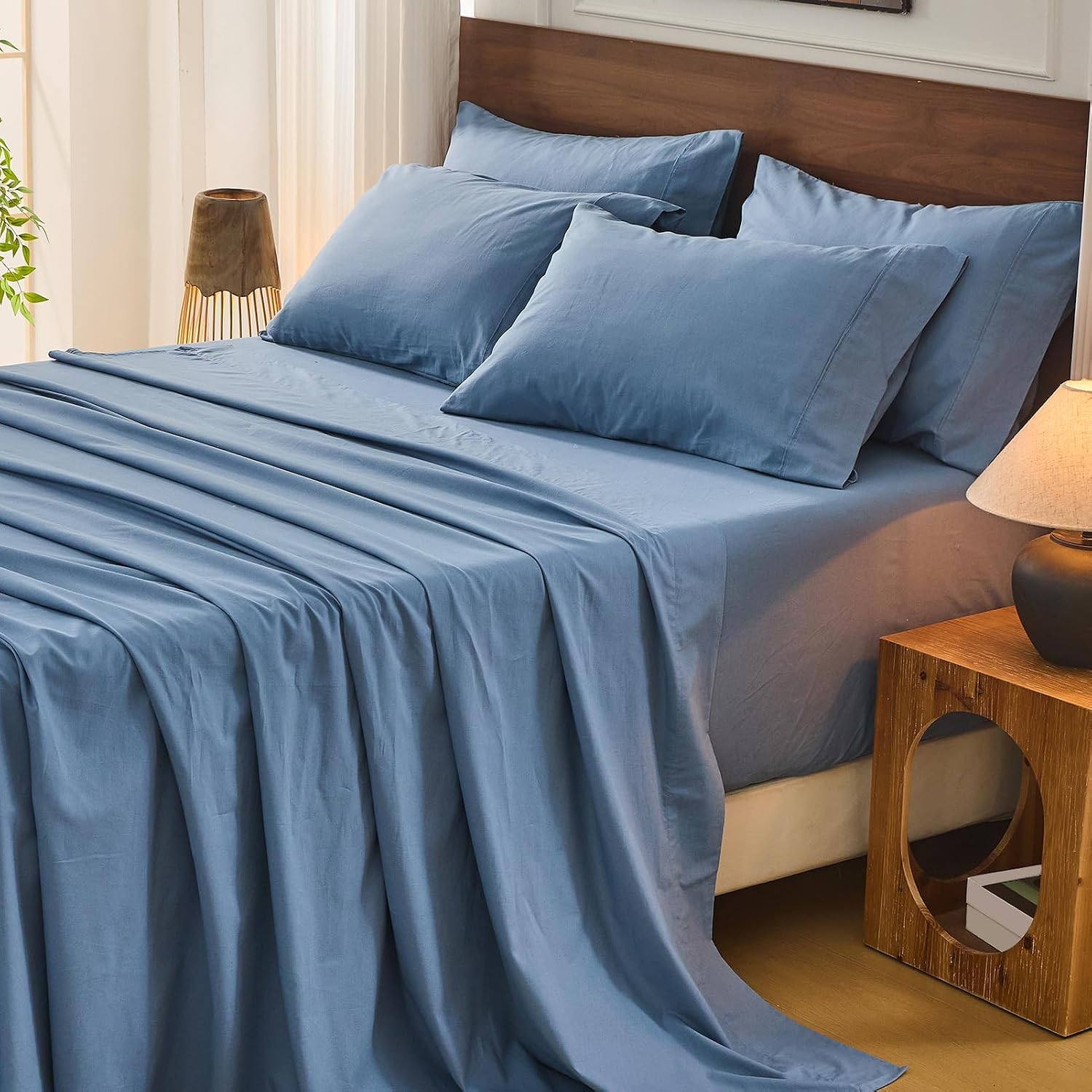 Bedlifes 100% French Flax Linen Sheets Set King Size - 6 Piece Extra Deep Pocket 18-24',Soft Breathable King Bed Sheets with Temperature Regulating & Moisture-Wicking(Flint Blue
