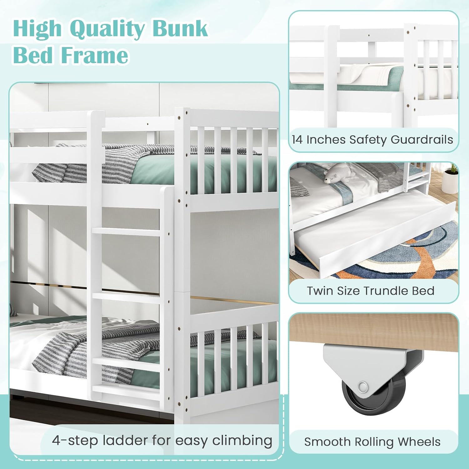 MAT EXPERT Twin Over Twin Bunk Bed with Trundle, Solid Wood Bunk Bed Frame w/Ladder, Slats & Rail, Convertible Twin Size Platform Bed for Kids, Space-Saving Bunk Beds for Bedroom Dorm (White)