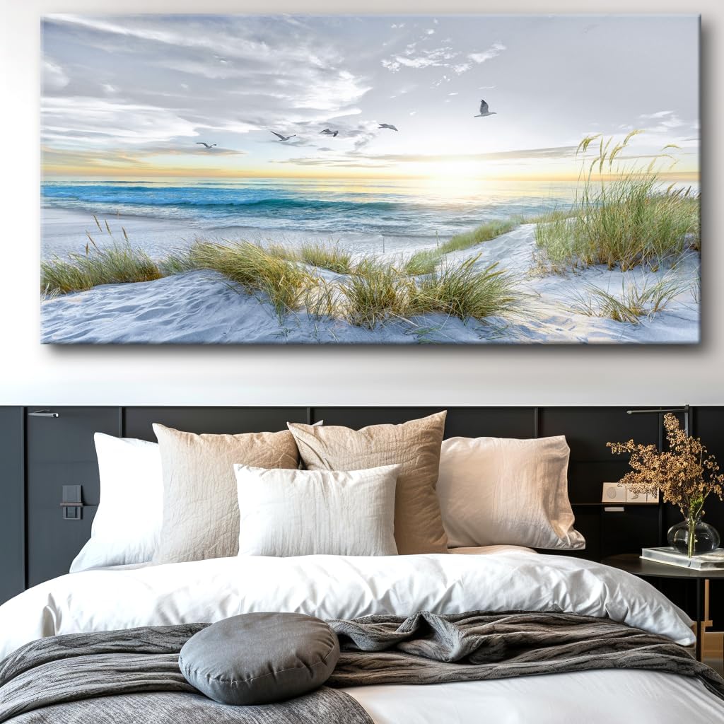 Canvas Prints Wall Art Beach Sunrise Ocean Waves Beach Grass Nature Pictures Stretched Canvas for living Room Bedroom and Office Home Decor 71'x36' with Framed