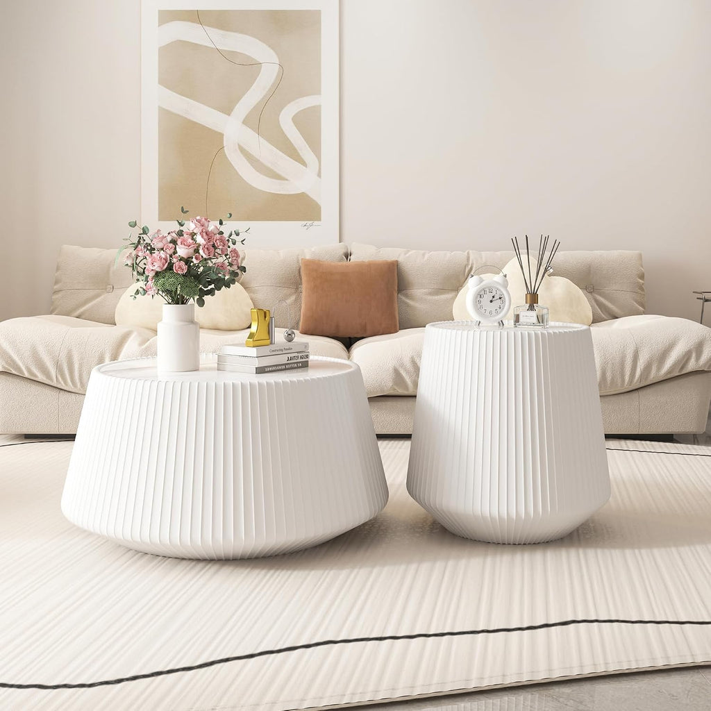 26.77' White Round Coffee Table, Drum Coffee Table with Sintered Stone Tabletop and Fluted PU Leather Covered and Stable Base, Circle Cocktail Tea Table for Living Room