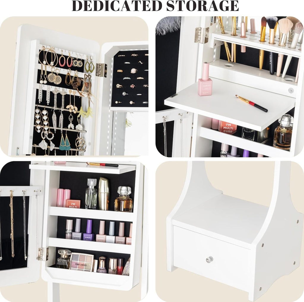 BTEXPERT Mirror Jewelry Cabinet Standing, Large Storage Jewelry Armoire, Full-Length Frameless Mirror with Jewelry Storage, 12 LED Lockable Standing Jewelry Organizer White