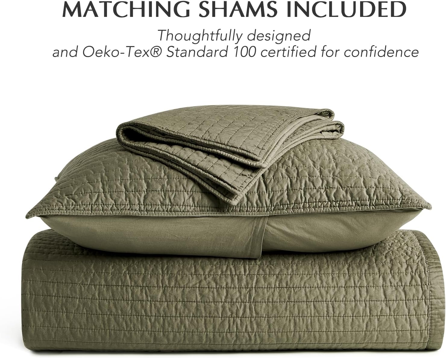 EVERGRACEHOME Cotton Sateen Quilt Set King Size, Pre-Washed Cotton Channel Stitch Coverlet Bedspread, 3 Pieces Lightweight Soft Bedding Sets for All Season, with 2 Pillow Shams, Olive Green