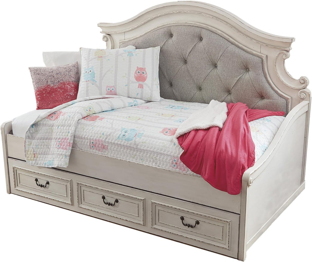 Signature Design by Ashley Realyn Traditional Upholstered Tufted Twin Platform Daybed with 1 Large Drawer, Foundation or Box Spring Not Needed, White & Beige
