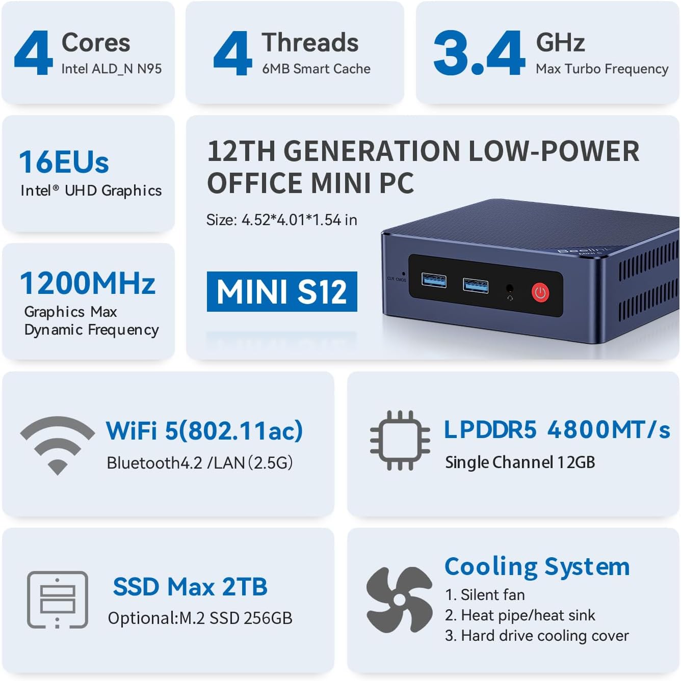 Beelink MINI S12 Mini PC with N95 Processor W-11 Home, 12G LPDDR5 RAM+500G SSD Mini Computer, 2.5G LAN +WiFi5 +BT4.2, Dual Display via 2*HDMI for Office/Home Theater