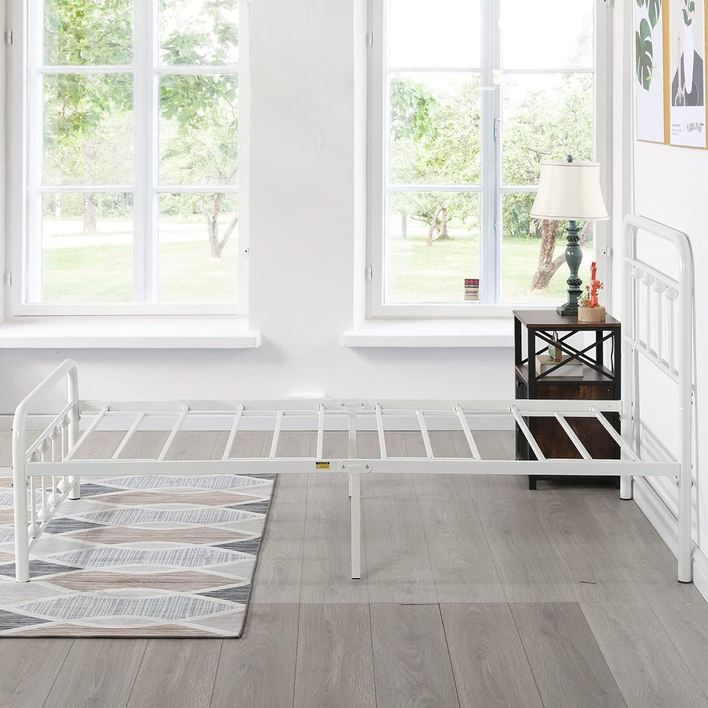 VECELO Twin Size Victorian Style Metal Bed Frame with Headboard Classic Metal Platform Bed Frame Mattress Foundation with Victorian Style Footboard/Under Bed Storage/No Box Spring Classic White