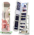 HNEBC 360° Swivel Jewelry Cabinet with Lights, LED Jewelry Armoire with Mirror, Wavy Wide Full-Length Mirror with Storage, Lockable Mirror Jewelry Cabinet Standing (White)