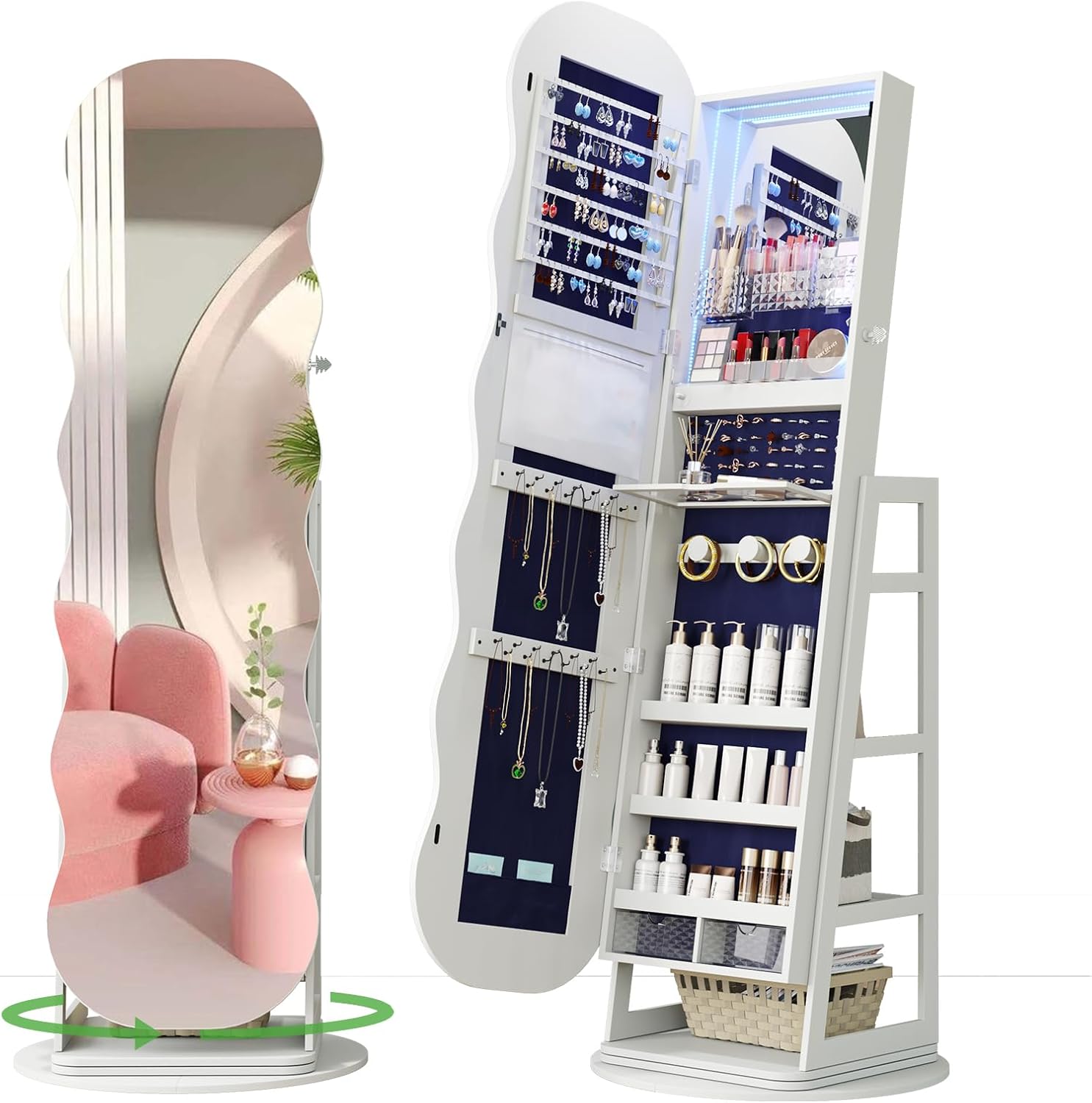 HNEBC 360° Swivel Jewelry Cabinet with Lights, LED Jewelry Armoire with Mirror, Wavy Wide Full-Length Mirror with Storage, Lockable Mirror Jewelry Cabinet Standing (White)