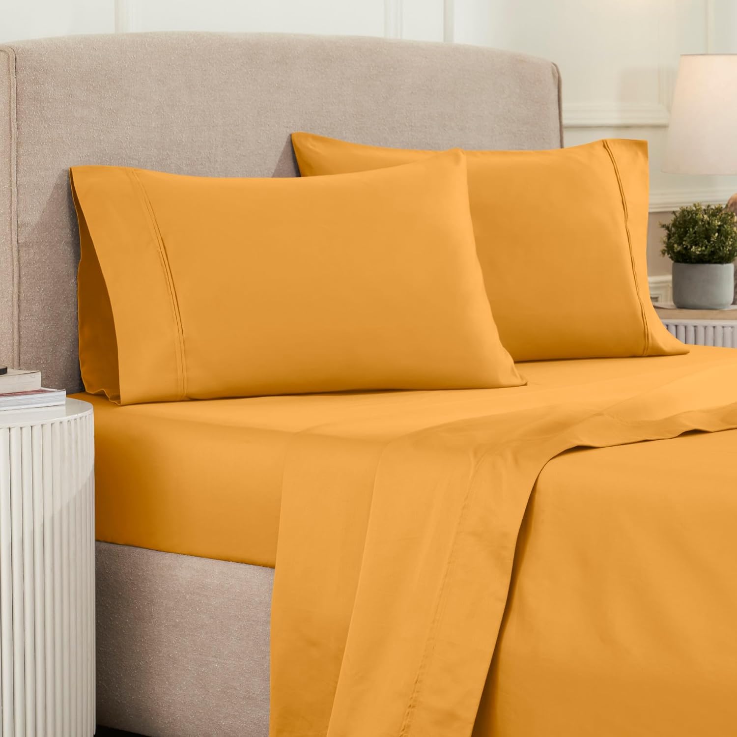 Superior 1200 Thread Count Egyptian Cotton Sheet Set, Bedroom Sheets, Modern Home Essentials, Luxury Bedding, 1 Elastic Deep Pocket Fitted Bed Sheet, 1 Flat Sheet, 2 Pillowcases, Queen, Dijon
