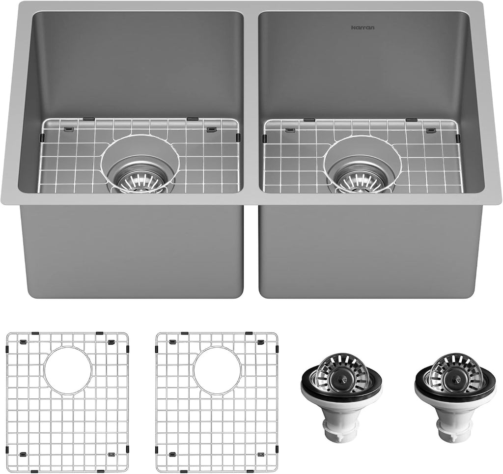 Karran 30' Undermount Double Bowl Kitchen Sink, 16-Gauge T304 Stainless Steel, 50/50 Equal Bowl, Brushed Satin Finish, Noise & Scratch Resistant with Grids and Strainers
