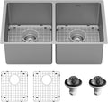 Karran 30' Undermount Double Bowl Kitchen Sink, 16-Gauge T304 Stainless Steel, 50/50 Equal Bowl, Brushed Satin Finish, Noise & Scratch Resistant with Grids and Strainers