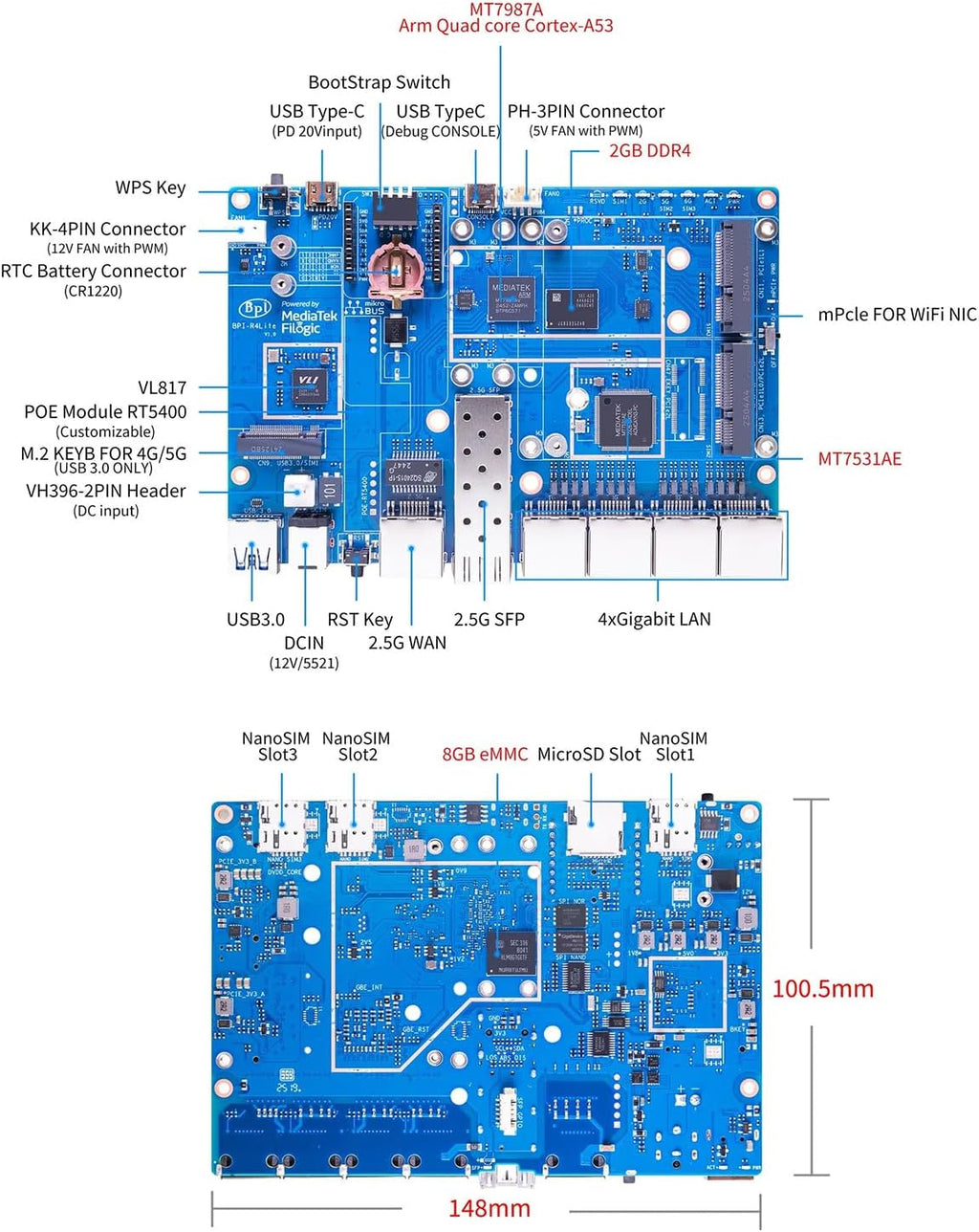 Banana Pi BPI-R4 Lite Wi-Fi 7 Development/Router Board, Quad-Core MT7987A SOC, 2.5G SFP&RJ45 WAN, OpenWrt,8GB eMMC,4xGbE Ports, Support 4G/5G, NAS Smart Home Gateway (with Case, 2GB RAM)