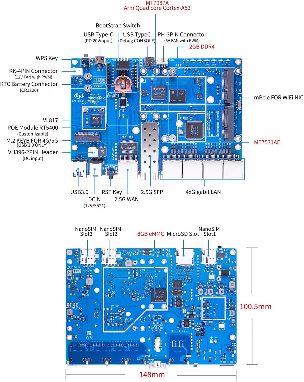 Banana Pi BPI-R4 Lite Wi-Fi 7 Development/Router Board, Quad-Core MT7987A SOC, 2.5G SFP&RJ45 WAN, OpenWrt,8GB eMMC,4xGbE Ports, Support 4G/5G, NAS Smart Home Gateway (with Case, 2GB RAM)