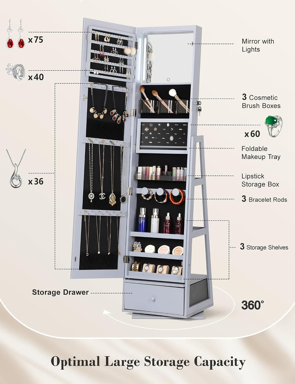 Nicetree 360° Swivel Jewelry Cabinet with Lights, Mirror Jewelry Cabinet Standing, Interior Vanity Mirror, Rotatable Full Length Mirror with Jewelry Storage, Standing Jewelry Armoire Organizer, Grey