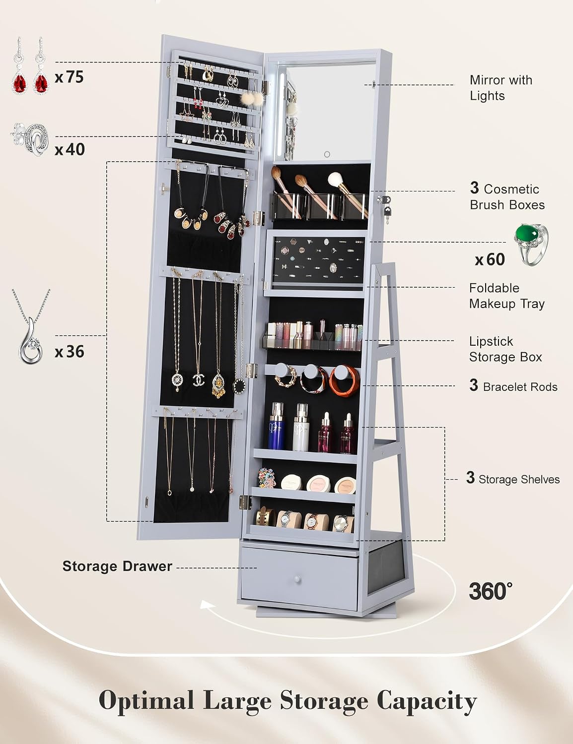 Nicetree 360° Swivel Jewelry Cabinet with Lights, Mirror Jewelry Cabinet Standing, Interior Vanity Mirror, Rotatable Full Length Mirror with Jewelry Storage, Standing Jewelry Armoire Organizer, Grey