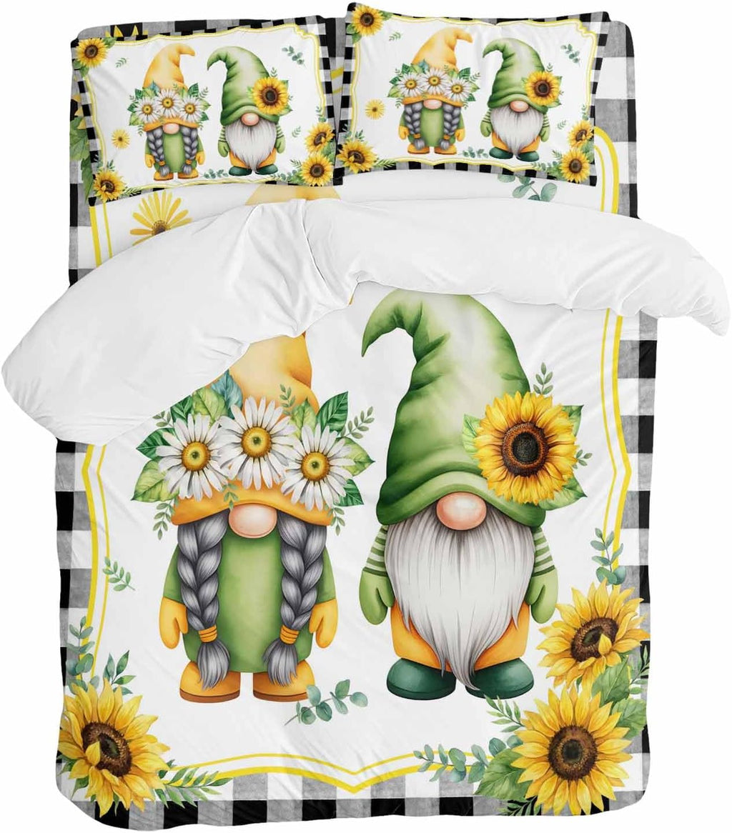 Prime Leader Summer Dwarfs Duvet Cover Set Queen Size 4 Pieces Yellow Sunflower Daisy Black Plaid Field Bedding Set with Zipper Closure, 1 Comforter Cover 92x106 Inches 1 Flat Sheet & 2 Pillow Cases