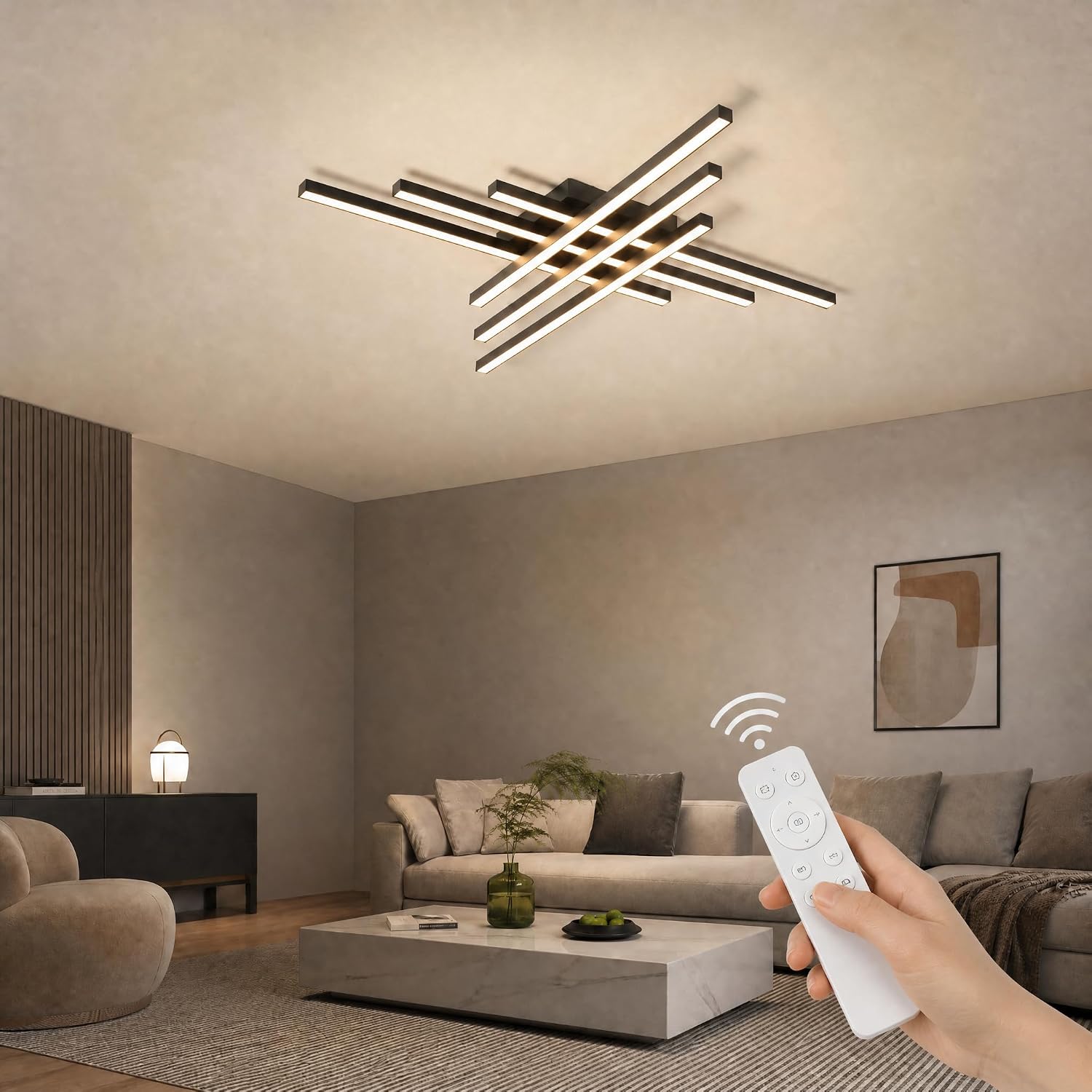 Modern LED Ceiling Lights 43.3' Black Flush Mount Ceiling Light Fixture Sputnik Dimmable Ceiling Lights with Remote Control for Bedroom Living Room Kitchen Room(6 Lights)