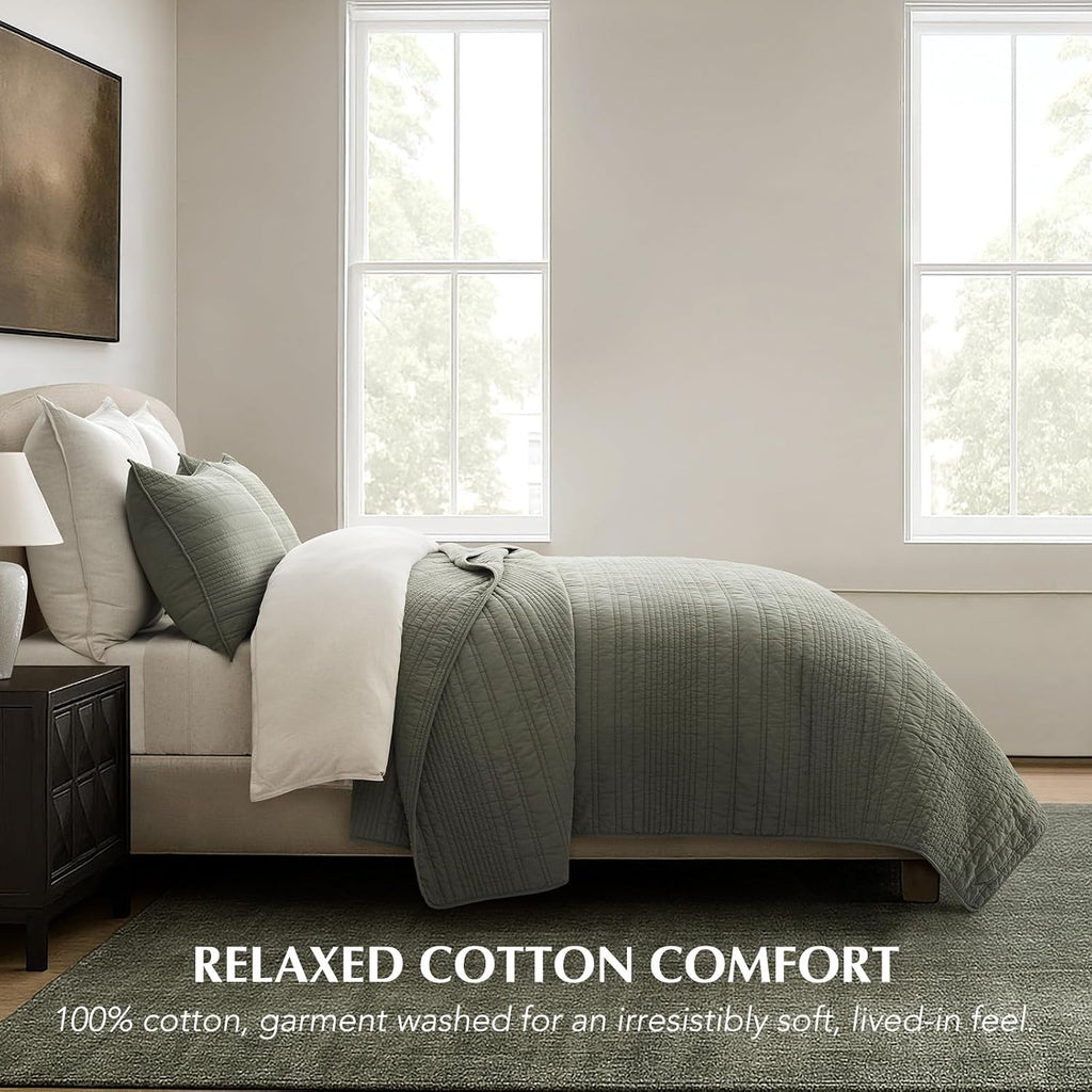 EVERGRACEHOME 100% Cotton Modern Lines Quilt Set Oversized King, Pre-Washed Soft Striped Coverlet Bedspread, 3 Piece Lightweight Bedding Set for All Season, with 2 Pillow Shams, Olive Green