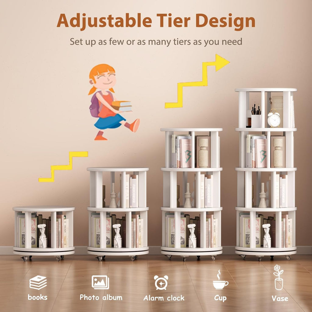 Muwuele Solid Wood Rotating Bookshelf on Wheels, 4 Tier, Round Revolving Bookcase, 360° Spinning Book Shelf Tower for Kids, Narrow Rolling Bookshelves for Small Space, Corner, Bedroom, Office, White