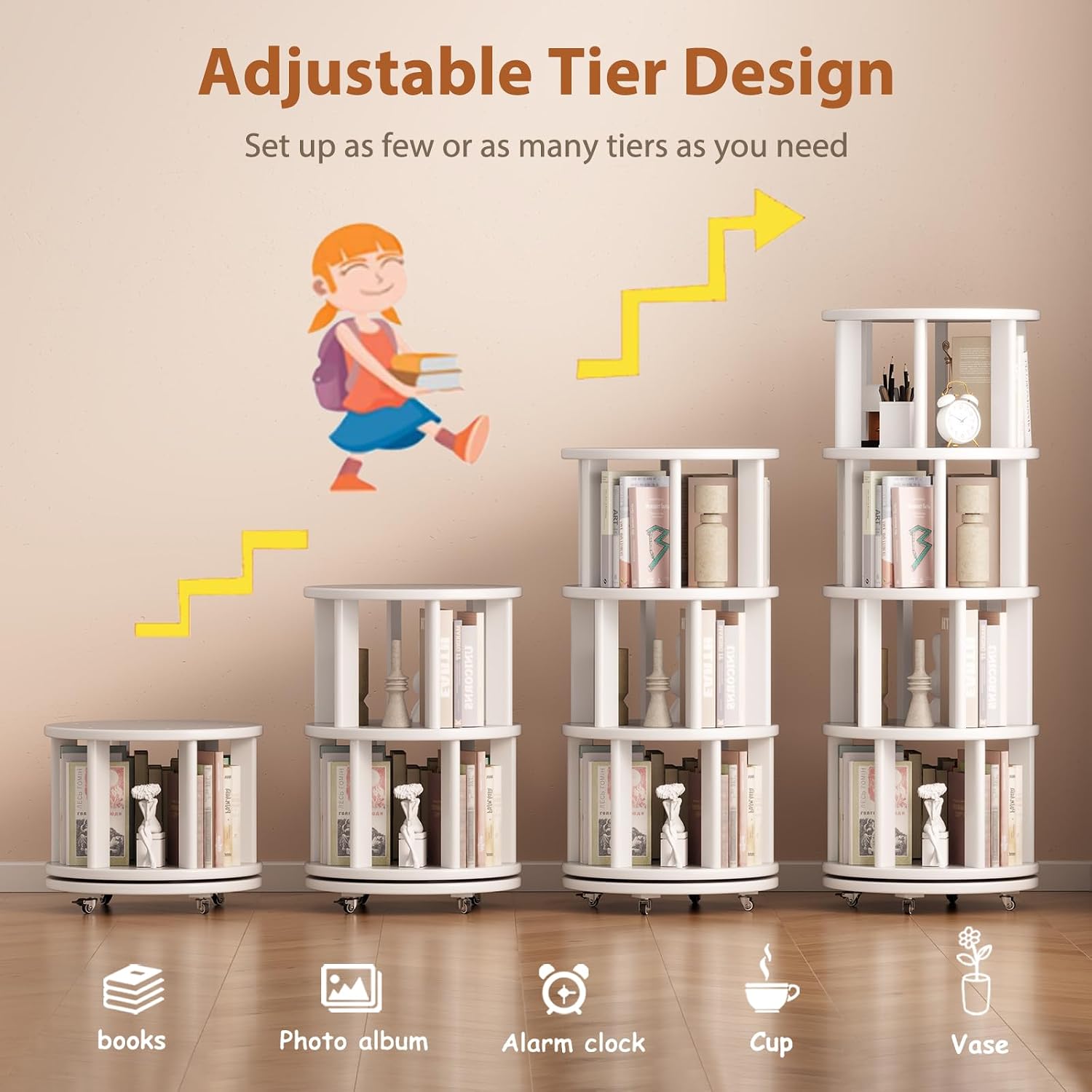 Muwuele Solid Wood Rotating Bookshelf on Wheels, 4 Tier, Round Revolving Bookcase, 360° Spinning Book Shelf Tower for Kids, Narrow Rolling Bookshelves for Small Space, Corner, Bedroom, Office, White