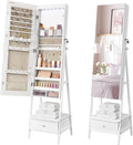 SONGMICS LED Mirror Jewelry Cabinet Standing, Lockable Jewelry Armoire with Full-Length Mirror, Space-Saving Jewelry Organizer with Mirror, Drawer and Shelf, Gift Idea, Cloud White UJJC025W01