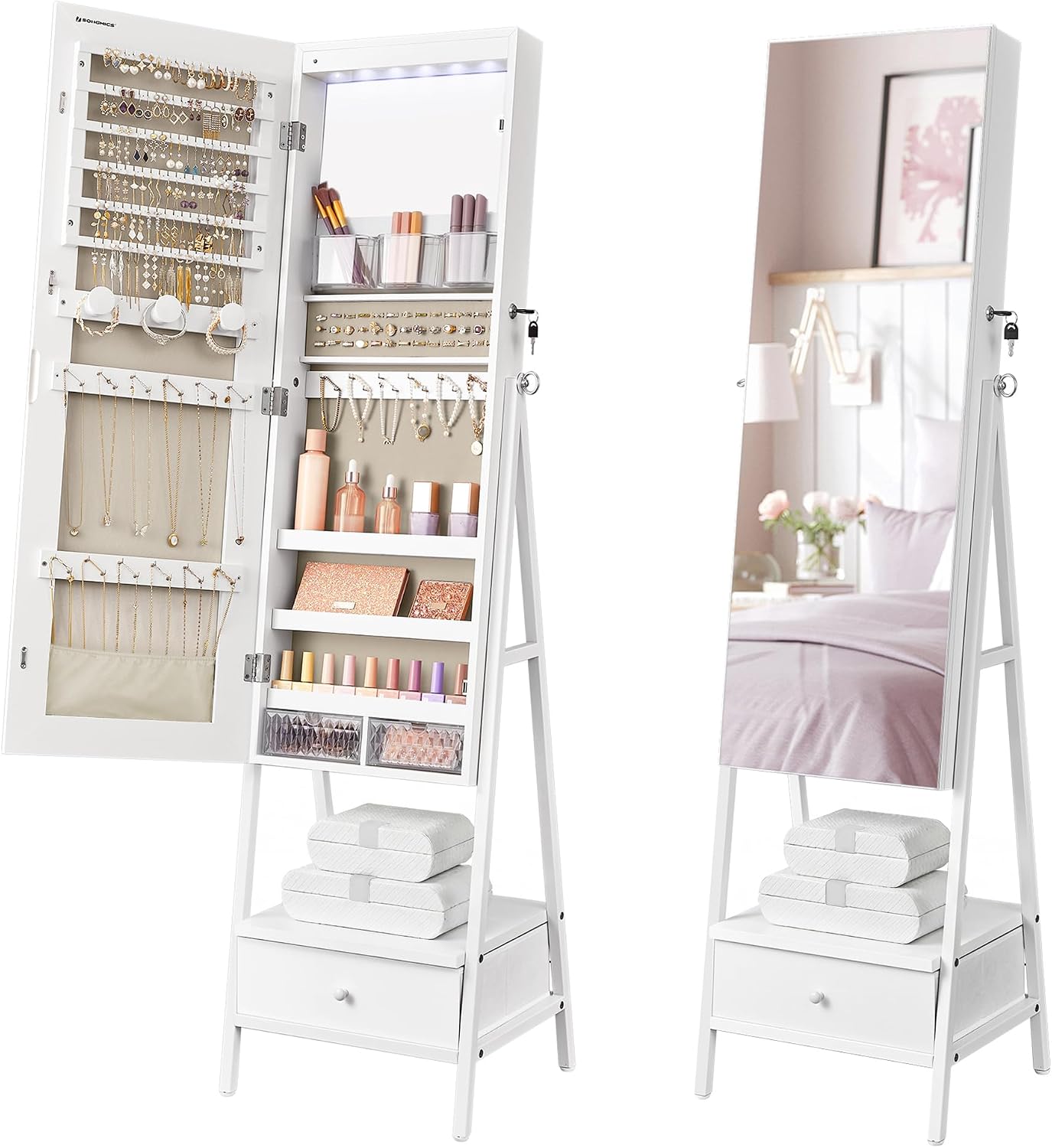 SONGMICS LED Mirror Jewelry Cabinet Standing, Lockable Jewelry Armoire with Full-Length Mirror, Space-Saving Jewelry Organizer with Mirror, Drawer and Shelf, Gift Idea, Cloud White UJJC025W01