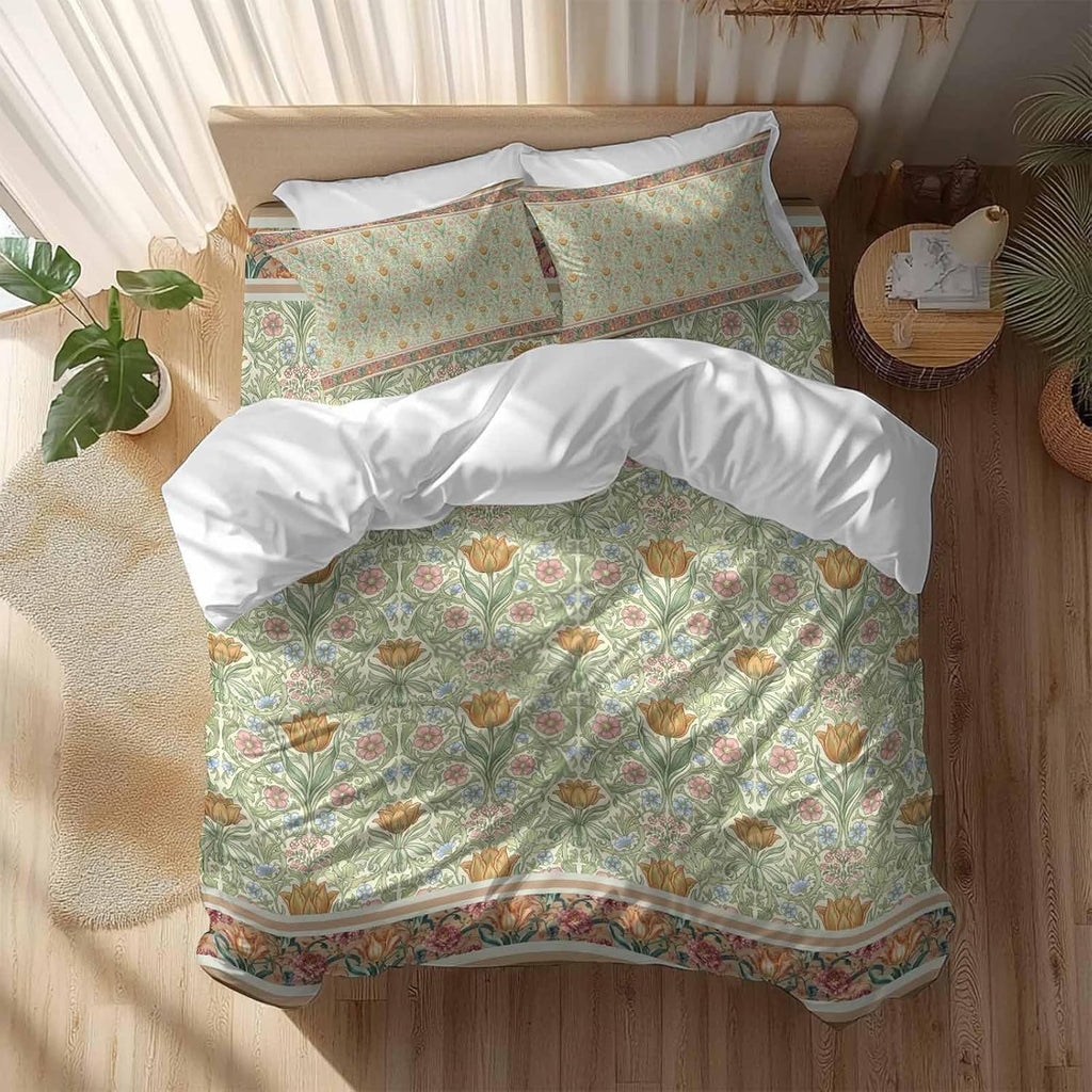 Prime Leader Flowers Duvet Cover Set Queen Size 4 Pieces Ethnic Abstract Yellow Pink Floral Green Leaf Bedding Set with Zipper Closure, 1 Comforter Cover 86x86 Inches 1 Flat Sheet & 2 Pillow Cases