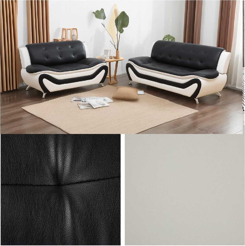 Contemporary Living Room Furniture Set, Vegan Leather Sofa Set for Living Room/House/Bedroom/Office/Apartment (Black&White, Sofa&Loveseat)