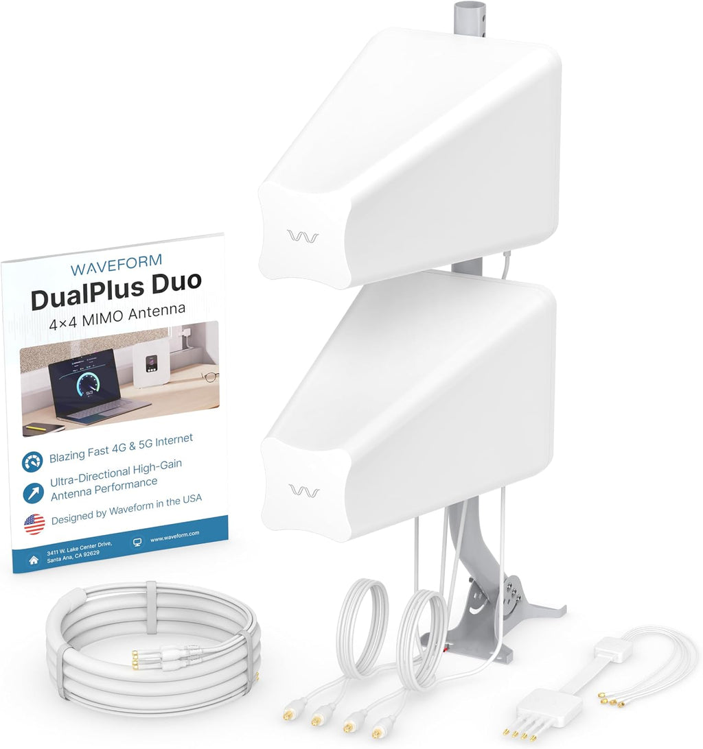 Waveform DualPlus Duo: 4x4 MIMO Directional Log Periodic Antenna | External Antenna for 4G/5G Routers & Gateways | for T-Mobile Home Internet, Verizon, AT&T | 20' SMA Cables, Window Entry, Pole Mount