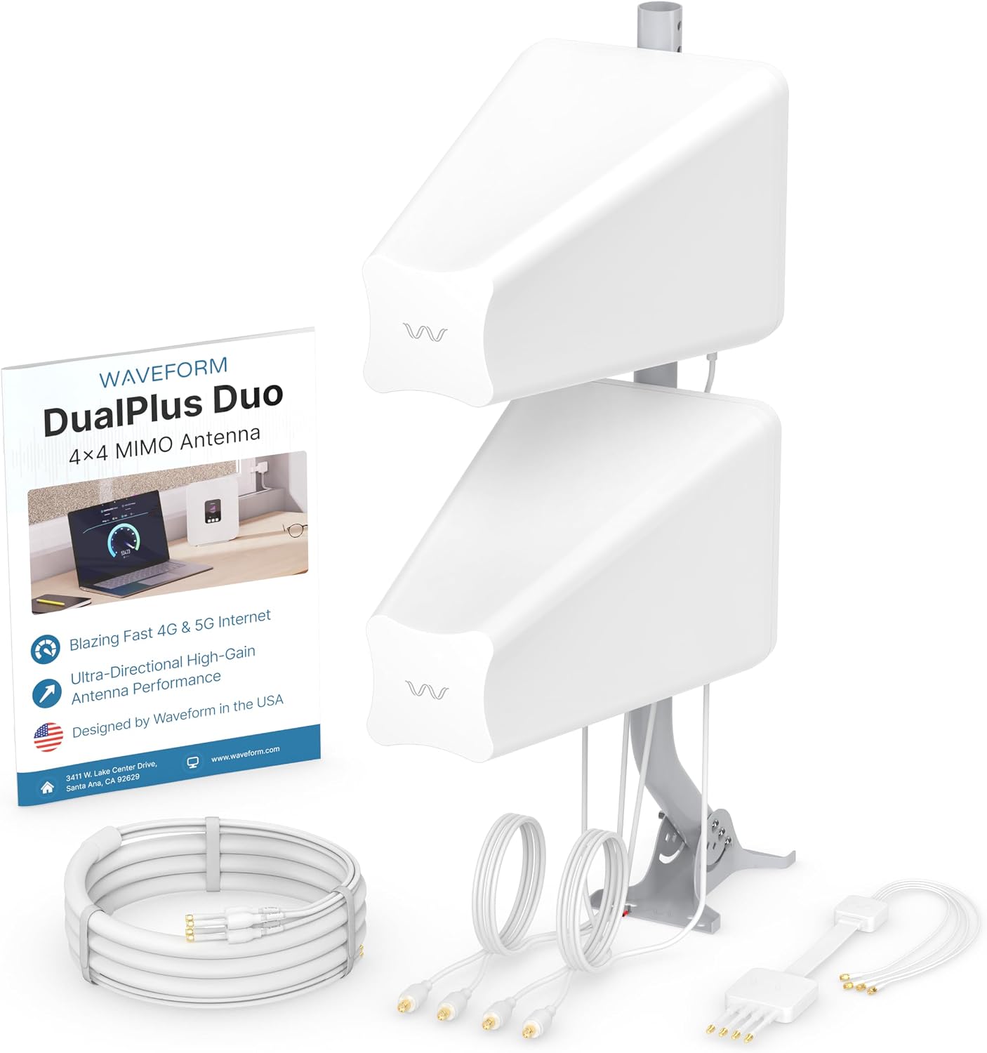 Waveform DualPlus Duo: 4x4 MIMO Directional Log Periodic Antenna | External Antenna for 4G/5G Routers & Gateways | for T-Mobile Home Internet, Verizon, AT&T | 20' SMA Cables, Window Entry, Pole Mount