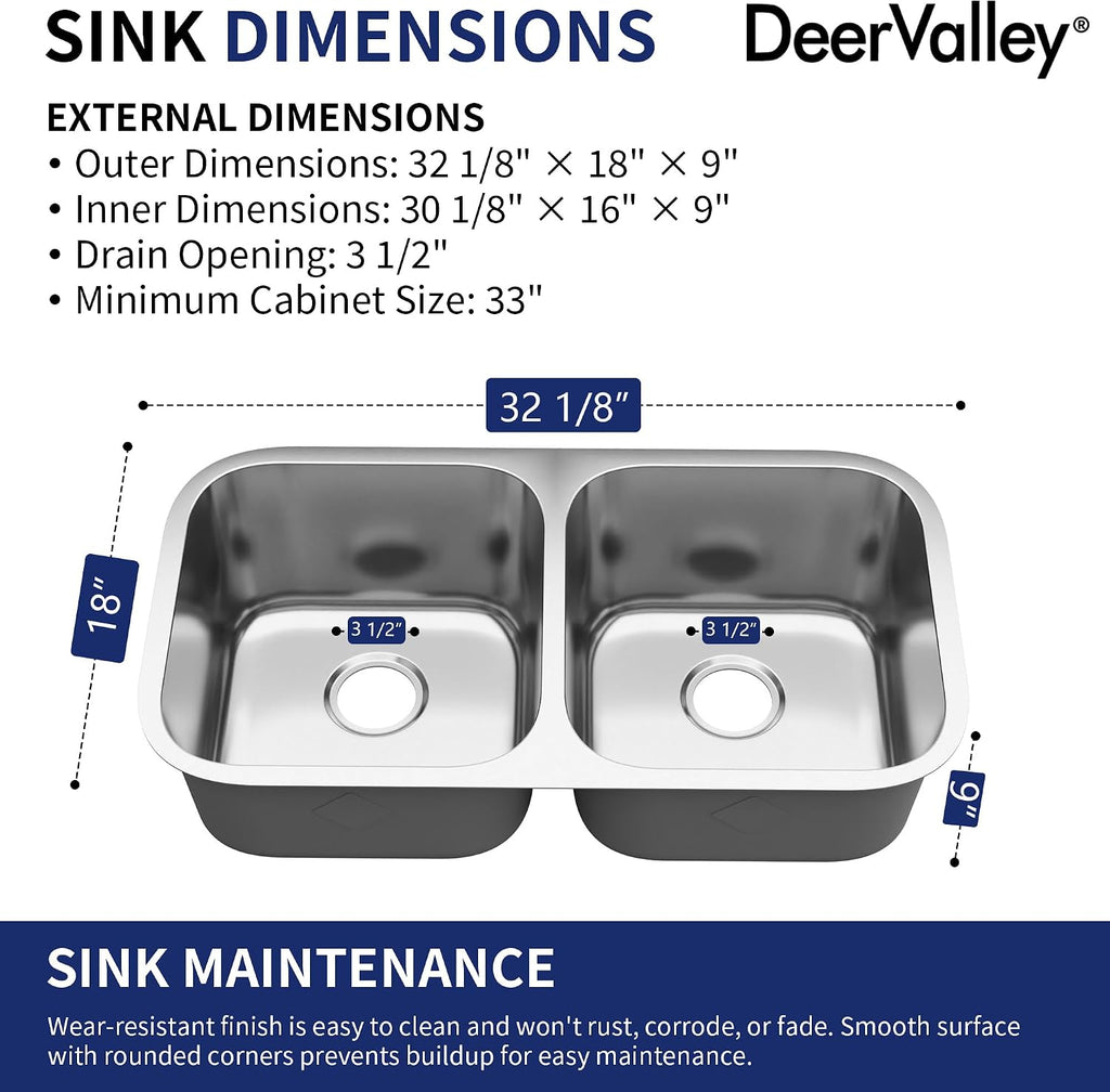 DeerValley 32 Inch Undermount Double Bowl Kitchen Sink 50/50 18 Gauge Stainless Steel Kitchen Sink Spacious Double Basin Design Sinks with Basket Strainer Undermount Sinks for Modern Kitchens
