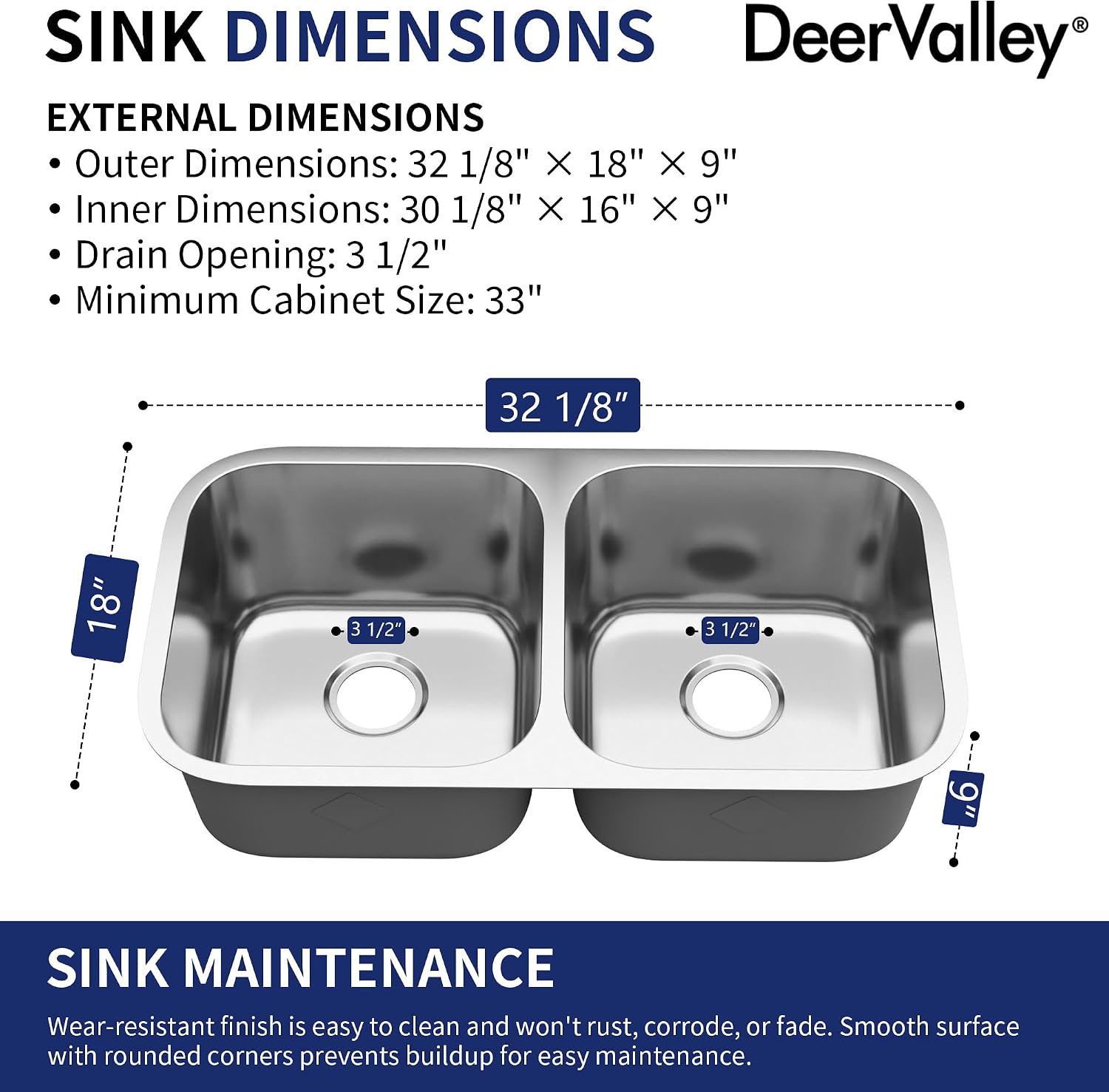 DeerValley 32 Inch Undermount Double Bowl Kitchen Sink 50/50 18 Gauge Stainless Steel Kitchen Sink Spacious Double Basin Design Sinks with Basket Strainer Undermount Sinks for Modern Kitchens
