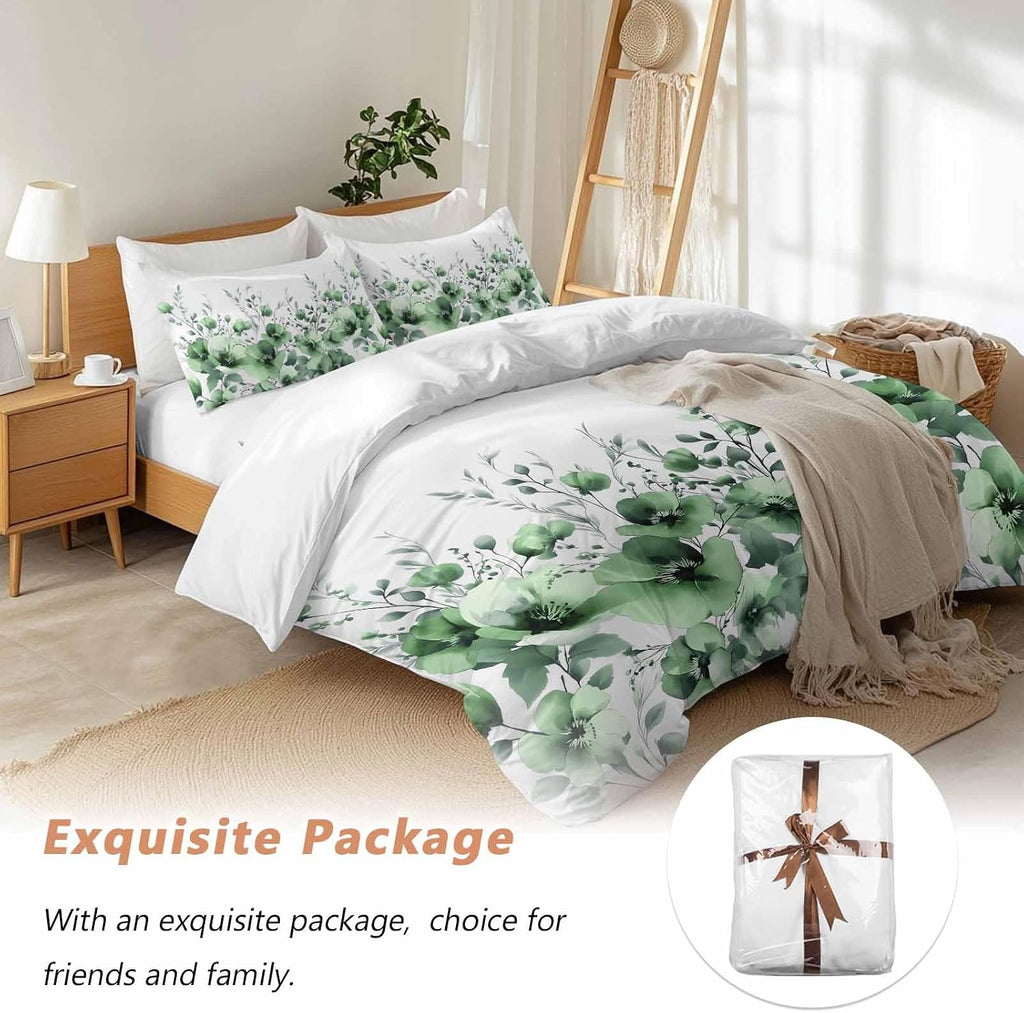 Prime Leader Spring Floral Duvet Cover Set Queen Size 4 Pieces Watercolor Green Flower Plants Country Bedding Set with Zipper Closure, 1 Comforter Cover 90x92 Inches 1 Flat Sheet & 2 Pillow Cases