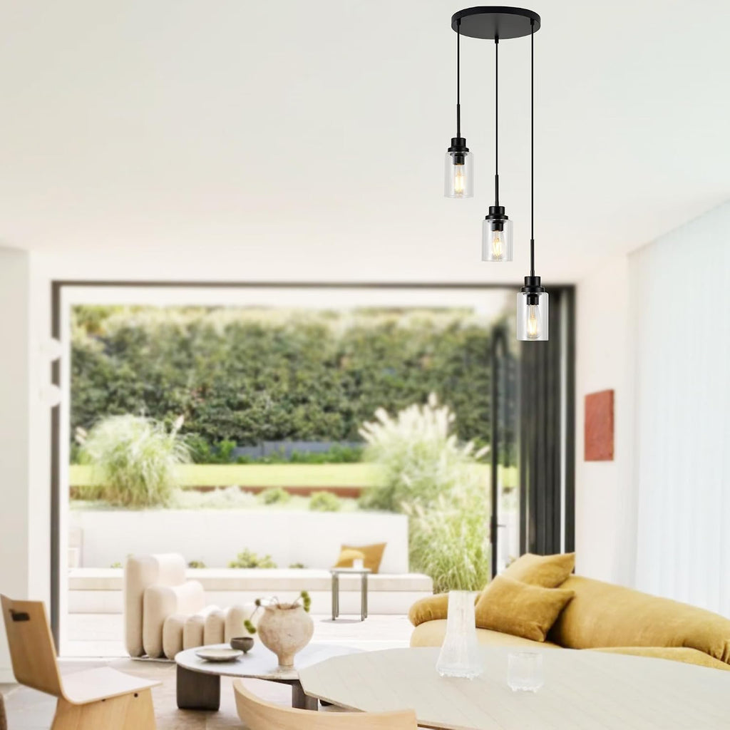 3-Lights Modern Pendant Light Fixtures Black Adjustable Height Ceiling Lights Chandelier with Clear Glass Shades Kitchen Island Lighting Hanging E26 Base for Foyer Dining Room