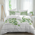 Summer Botanical Duvet Cover Set Queen Size 4 Pieces Watercolor Gradient Green Leaves White Wood Grain Bedding Set with Zipper Closure, 1 Comforter Cover 92x106 Inches 1 Flat Sheet & 2 Pillow Cases