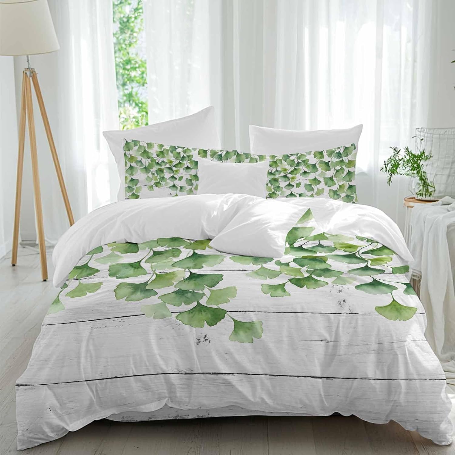 Summer Botanical Duvet Cover Set Queen Size 4 Pieces Watercolor Gradient Green Leaves White Wood Grain Bedding Set with Zipper Closure, 1 Comforter Cover 92x106 Inches 1 Flat Sheet & 2 Pillow Cases