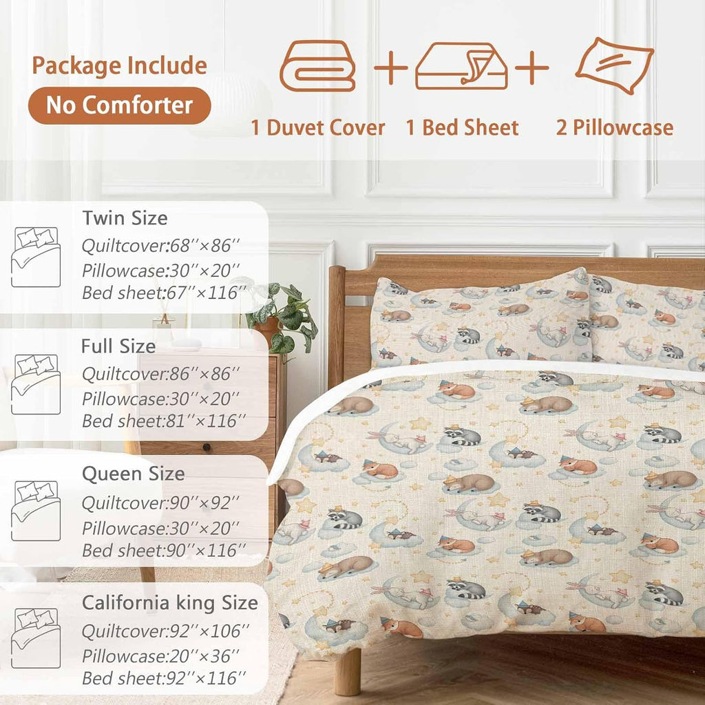 Cartoons Animals Duvet Cover Set Queen Size 4 Pieces Watercolor Fox Sleeping Raccoon Cute Rabbit Bedding Set with Zipper Closure, 1 Comforter Cover 92x106 Inches 1 Flat Sheet & 2 Pillow Cases