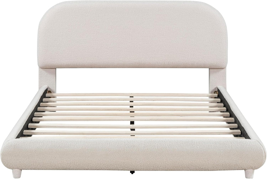 Curve-Shaped Upholstered Platform Bed with Curved Shaped Headboard, Full Size Wood Bed Frame for Kids Adults Bedroom Furniture, Teddy Fleece Thick Fabric Upholstered Bed Grounded Bed (Beige)