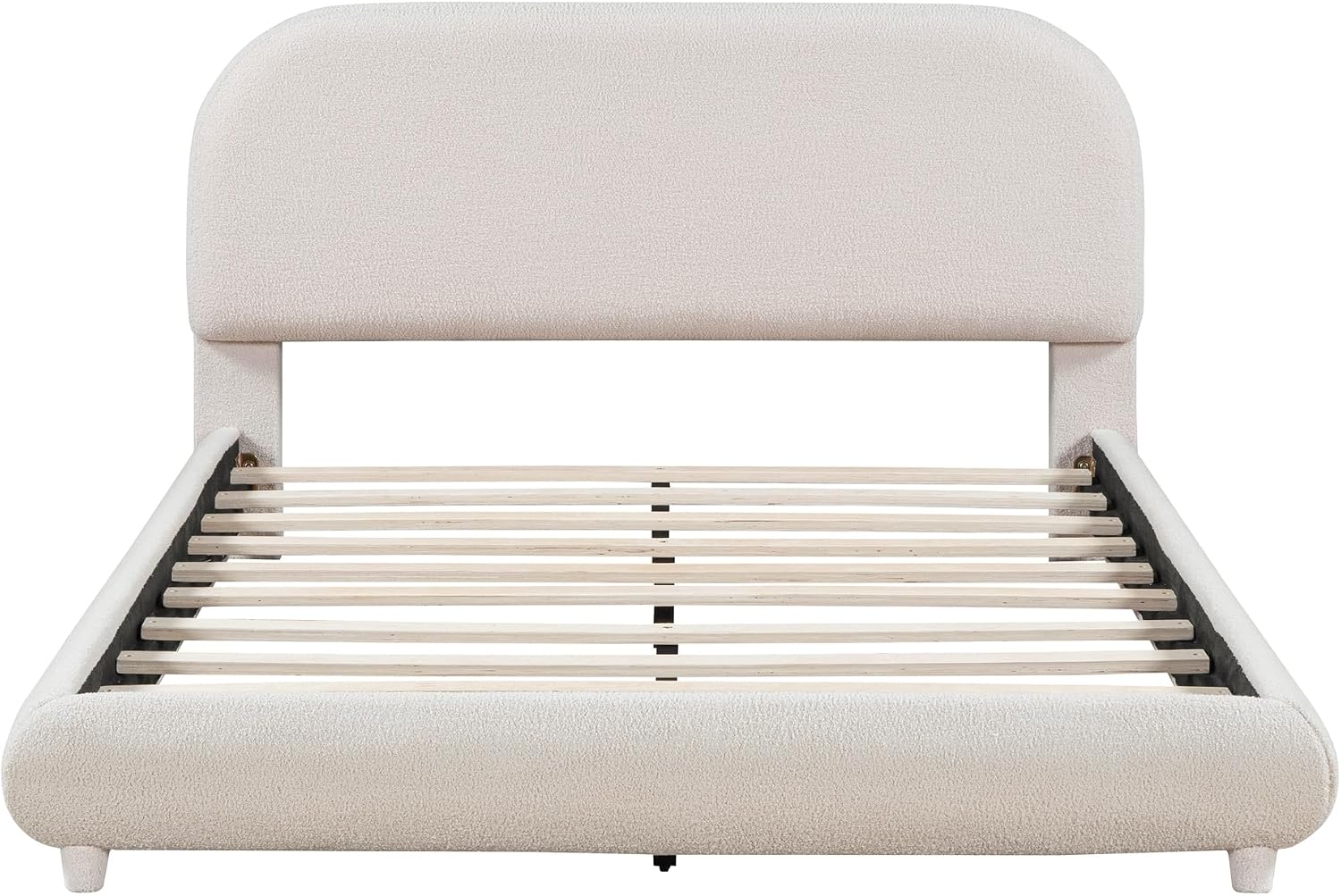 Curve-Shaped Upholstered Platform Bed with Curved Shaped Headboard, Full Size Wood Bed Frame for Kids Adults Bedroom Furniture, Teddy Fleece Thick Fabric Upholstered Bed Grounded Bed (Beige)