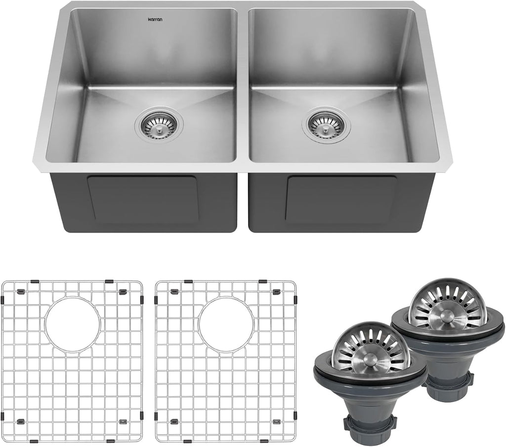 Karran Elite 32-Inch Undermount 16 Gauge Stainless Steel Double Bowl Kitchen Sink with Accessories, 50/50 Equal Bowls, Satin Finish, Sound Dampening