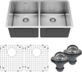 Karran Elite 32-Inch Undermount 16 Gauge Stainless Steel Double Bowl Kitchen Sink with Accessories, 50/50 Equal Bowls, Satin Finish, Sound Dampening
